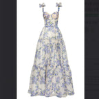 Sexy A Line Long Blue Floral Classy Prom Dress Blue And White Party Dress