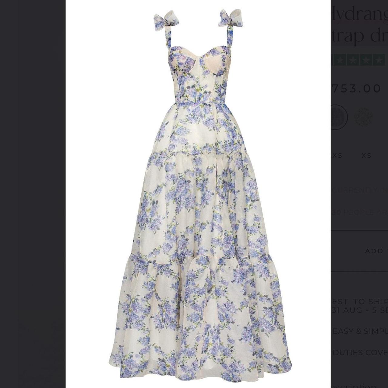 Sexy A Line Long Blue Floral Classy Prom Dress Blue And White Party Dress