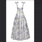 Sexy A Line Long Blue Floral Classy Prom Dress Blue And White Party Dress