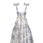 Sexy A Line Long Blue Floral Classy Prom Dress Blue And White Party Dress