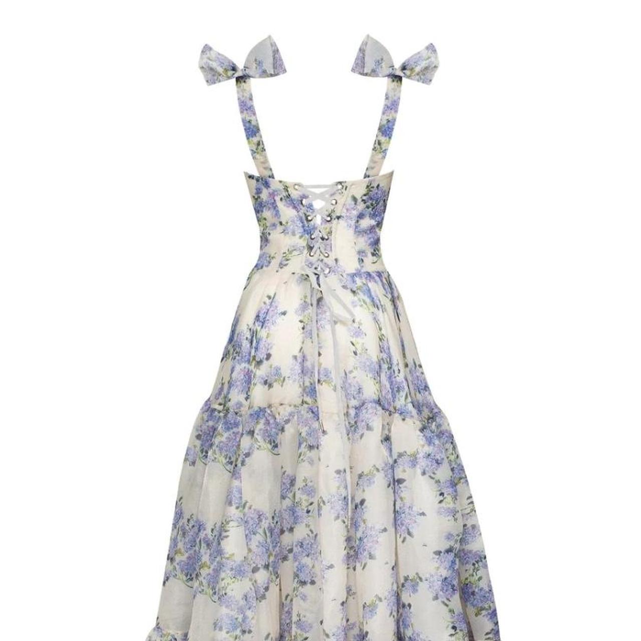 Sexy A Line Long Blue Floral Classy Prom Dress Blue And White Party Dress
