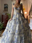 Sexy A Line Long Blue Floral Classy Prom Dress Blue And White Party Dress