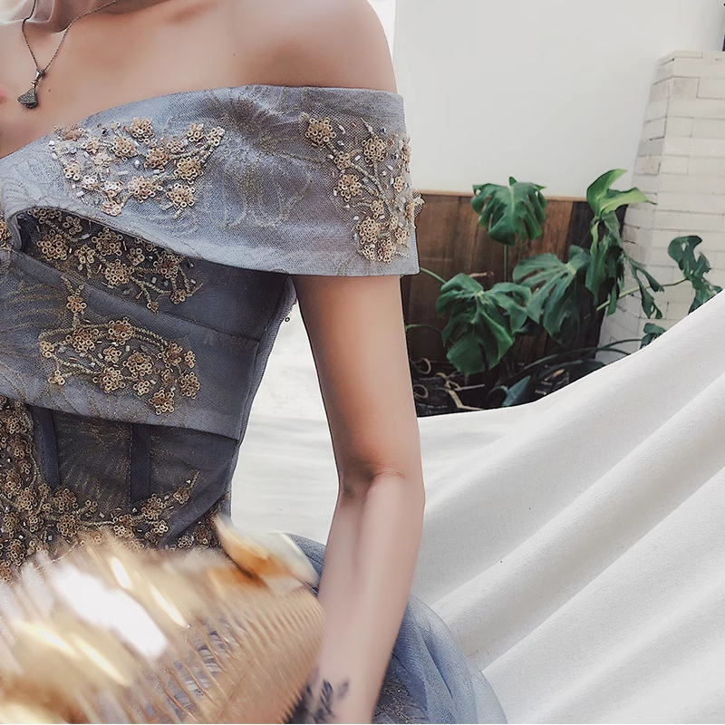 Sexy A line Off The Shoulder Gray Blue Prom Dresses Lace Long Prom Gown