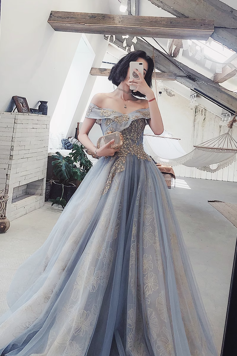 Sexy A line Off The Shoulder Gray Blue Prom Dresses Lace Long Prom Gown Main image