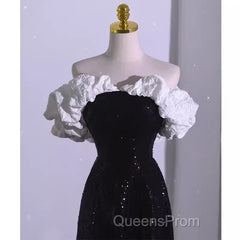 Sexy A Line Off The Shoulder Long Black Sequin Evening Prom Dress