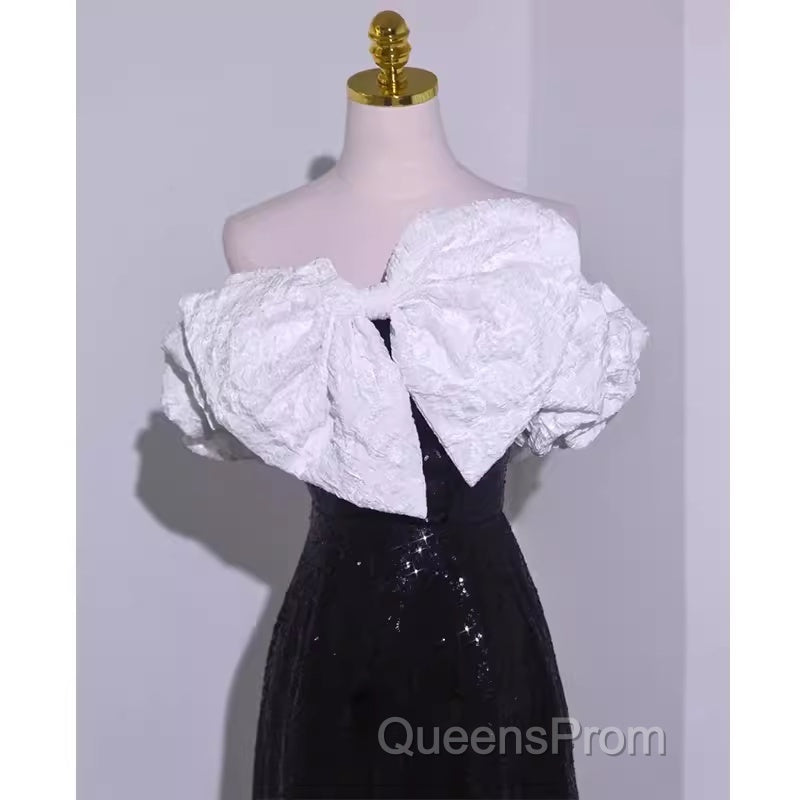 Sexy A Line Off The Shoulder Long Black Sequin Evening Prom Dress