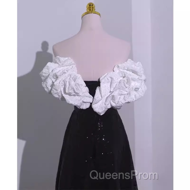 Sexy A Line Off The Shoulder Long Black Sequin Evening Prom Dress