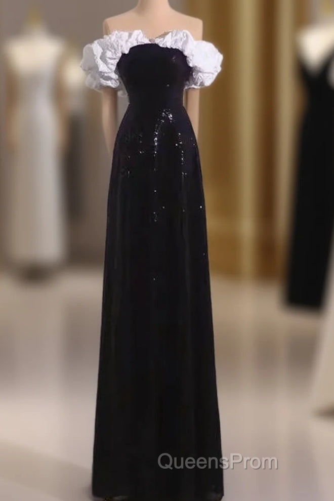 Sexy A Line Off The Shoulder Long Black Sequin Evening Prom Dress Main image