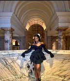 Sexy A line Off The Shoulder Long Sleeves Black Short Homecoming Dress