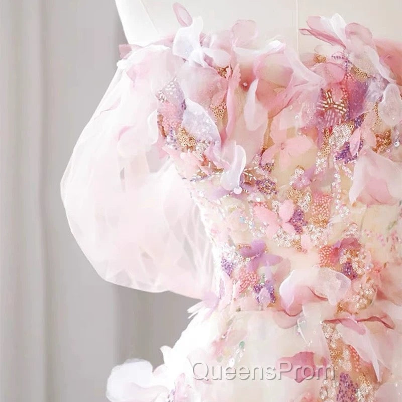 Sexy A Line Off The Shoulder Pink Tulle Floor Length Floral Evening Prom Dress Secondary image