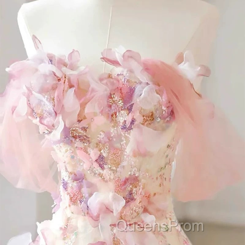 Sexy A Line Off The Shoulder Pink Tulle Floor Length Floral Evening Prom Dress