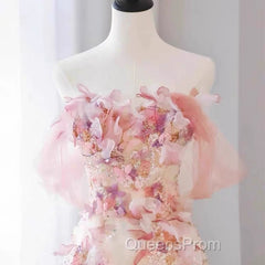 Sexy A Line Off The Shoulder Pink Tulle Floor Length Floral Evening Prom Dress