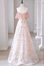 Sexy A Line Off The Shoulder Pink Tulle Floor Length Floral Evening Prom Dress