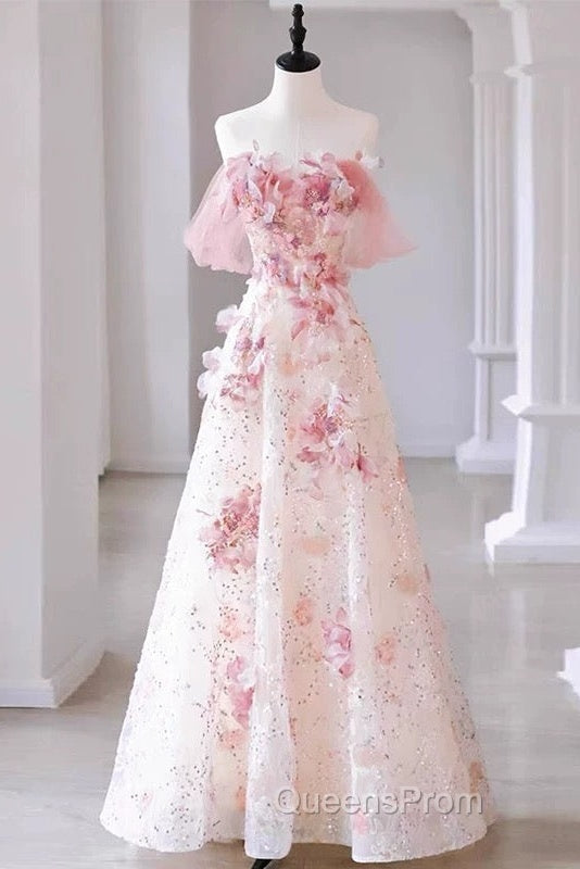 Sexy A Line Off The Shoulder Pink Tulle Floor Length Floral Evening Prom Dress
