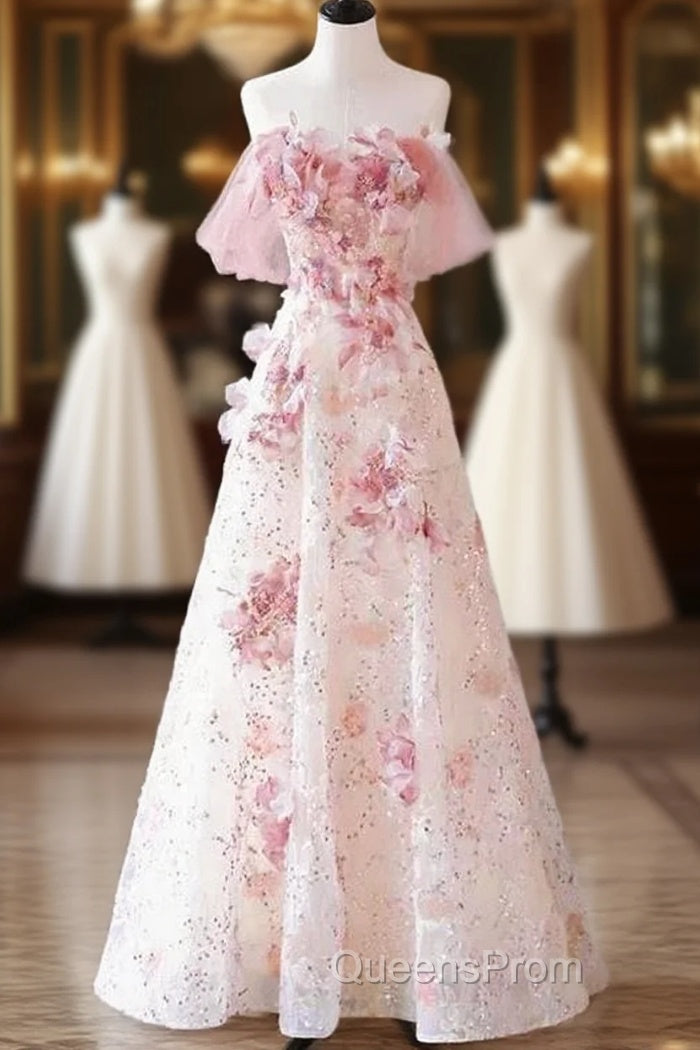 Sexy A Line Off The Shoulder Pink Tulle Floor Length Floral Evening Prom Dress