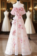 Sexy A Line Off The Shoulder Pink Tulle Floor Length Floral Evening Prom Dress