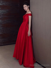 Sexy A Line Off The Shoulder Satin Red Floor Length Evening Dress Prom Dresses