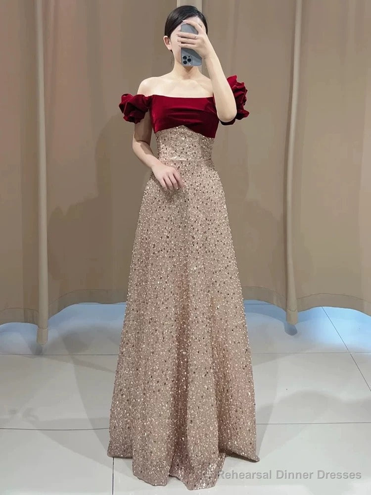 Sexy A Line Off The Shoulder Sequin Floor Length Evening Dress Prom Dresses