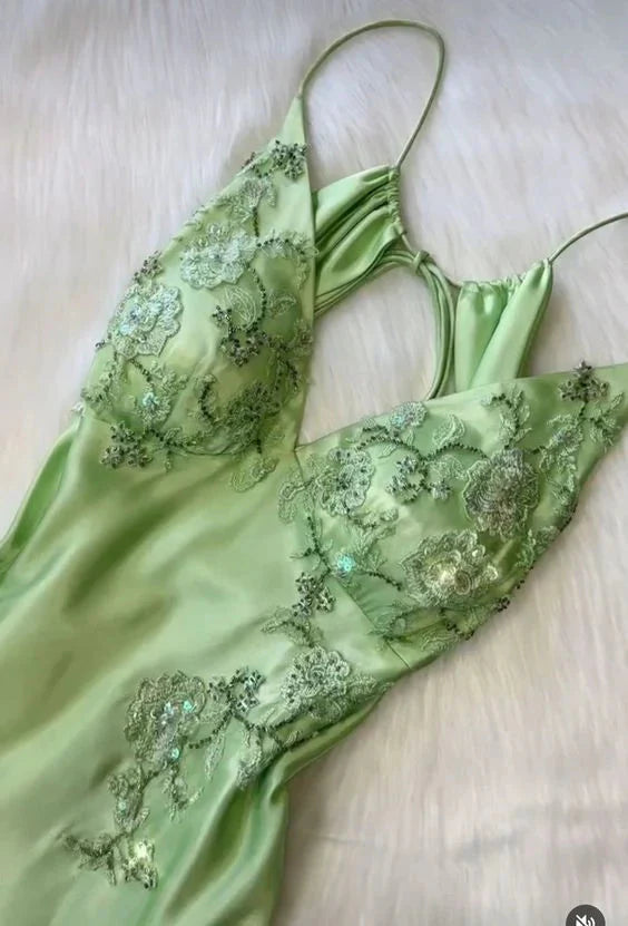 Sexy A Line Sage Green Satin Classy Prom Dress 21Th Birthday Outfit