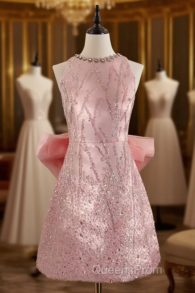 Sexy A Line Scoop Pink Sequin Travel Vacation Dress Short Birthday Dress