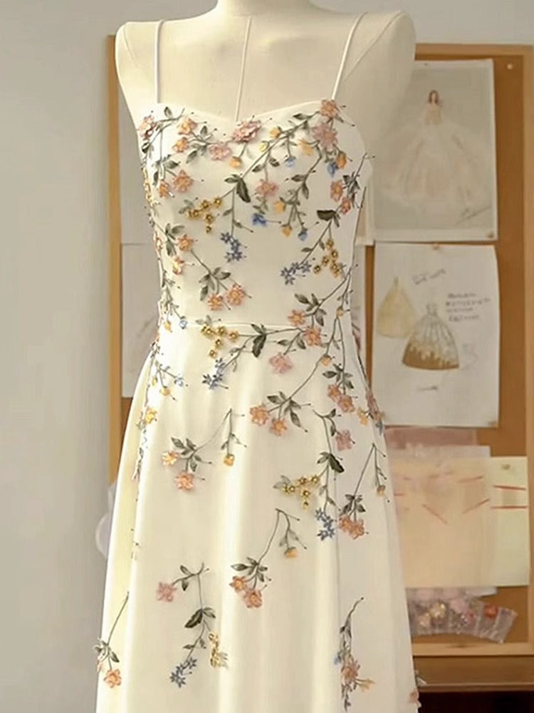 Sexy A Line Spaghetti Straps Ivory Floral Satin Classy Prom Dress Birthday Outfits Classy Evening Gown Secondary image