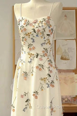 Sexy A Line Spaghetti Straps Ivory Floral Satin Evening Prom Dress Birthday Outfits Evening Gown