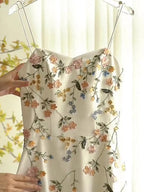 Sexy A Line Spaghetti Straps Ivory Floral Satin Classy Prom Dress Birthday Outfits Classy Evening Gown