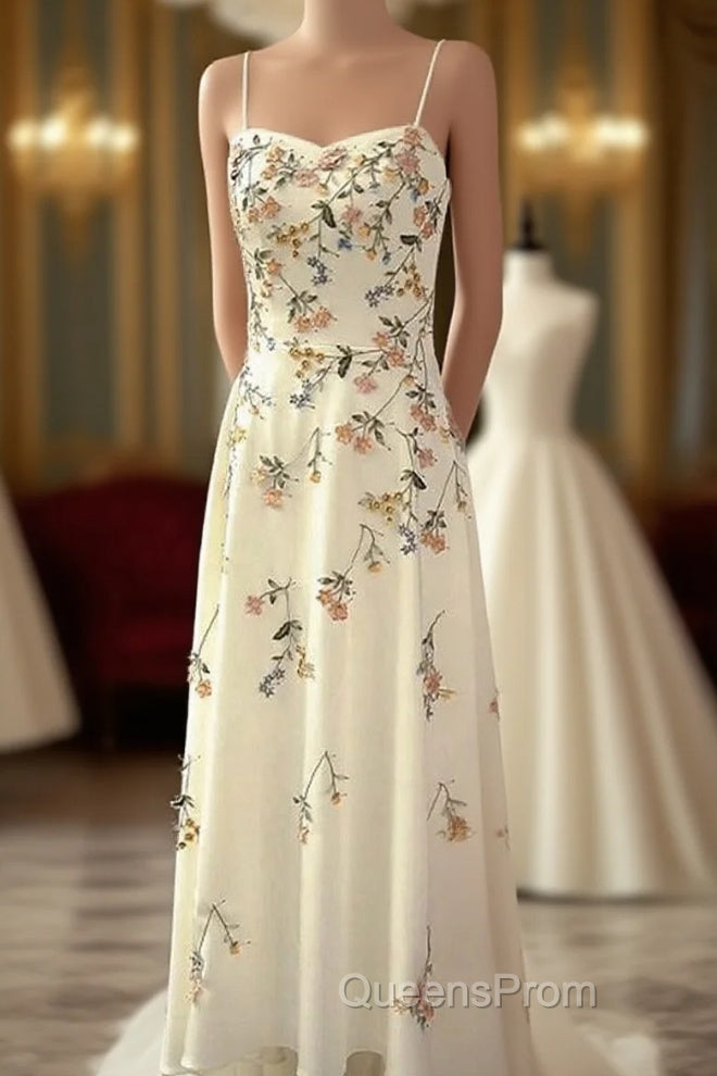 Sexy A Line Spaghetti Straps Ivory Floral Satin Evening Prom Dress Birthday Outfits Evening Gown Main image