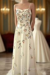 Sexy A Line Spaghetti Straps Ivory Floral Satin Evening Prom Dress Birthday Outfits Evening Gown
