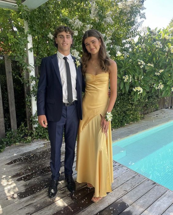 Sexy A Line Spaghetti Straps Yellow Party Dress Slit Classy Prom Dress Main image