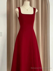 Sexy A Line Square Neckline Red Satin Ankle Length Evening Dress Prom Dresses