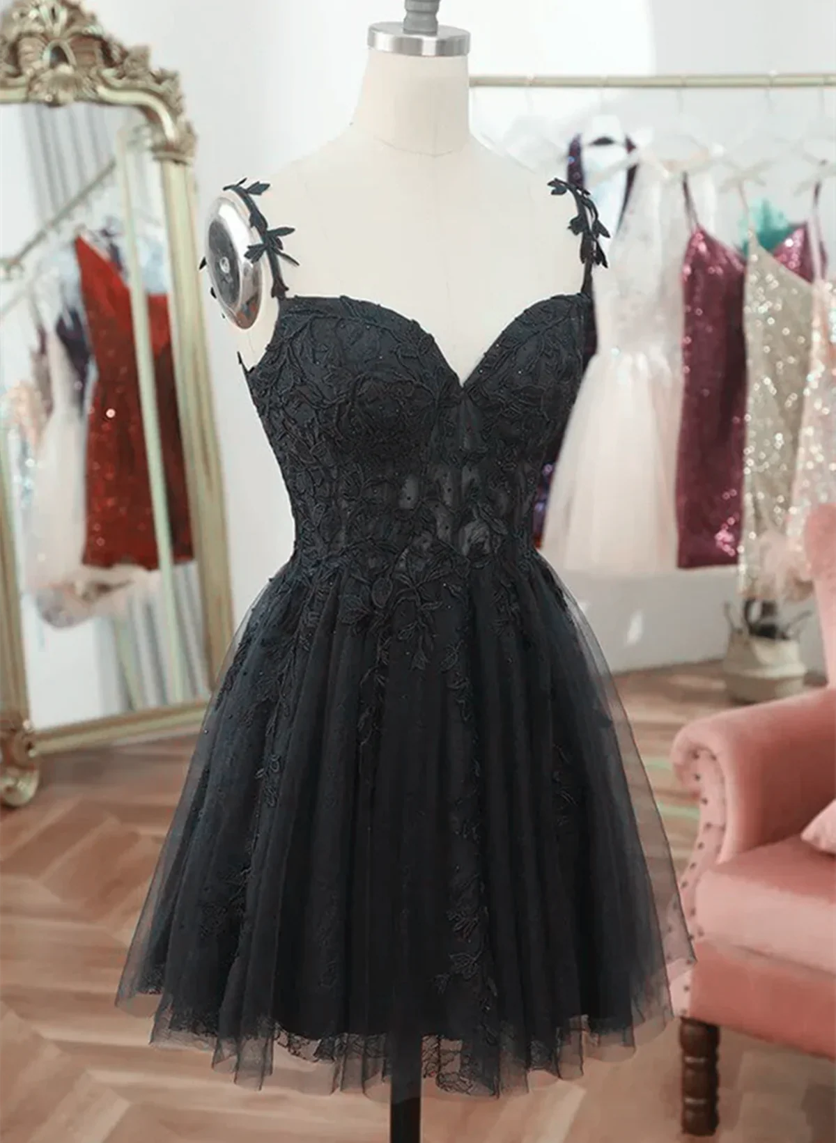 Black V Neck Beaded Tulle And Lace Classy Prom Dress, Cute Black Homecoming Dress Main image