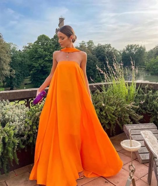 Sexy A Line Strapless Chiffon Organge Long Classy Prom Dress Main image
