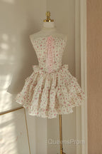 Sexy A Line Strapless Floral Holiday Dress Travel Vacation Dress Short Chiffon Birthday Dress