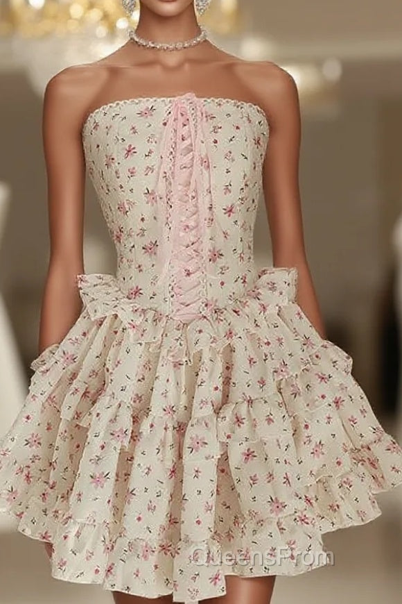 Sexy A Line Strapless Floral Holiday Dress Travel Vacation Dress Short Chiffon Birthday Dress Main image