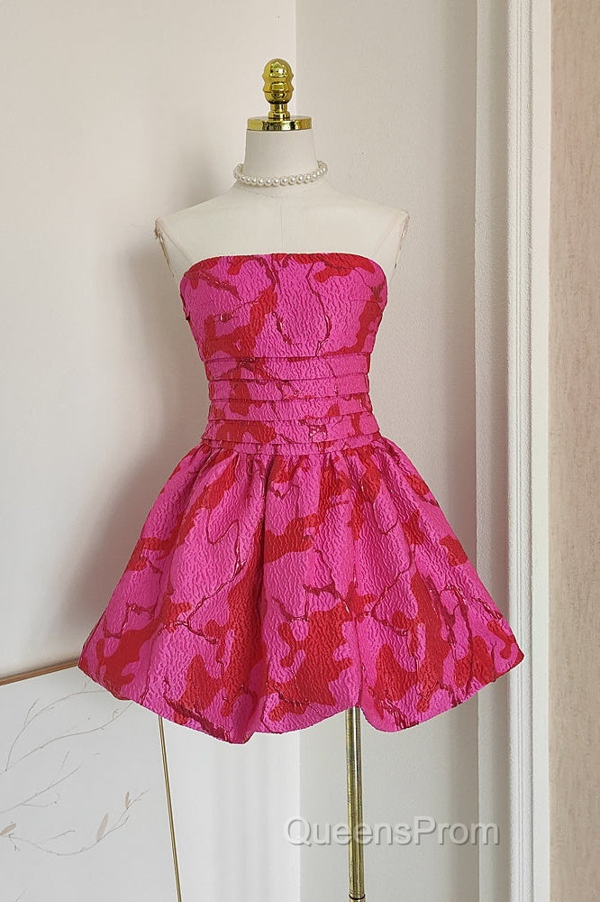 Sexy A Line Strapless Satin Pink Floral Vacation Dress Short Birthday Dress