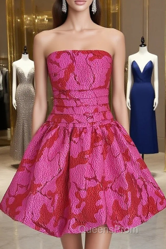 Sexy A Line Strapless Satin Pink Floral Vacation Dress Short Birthday Dress Main image