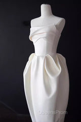 Sexy A Line Strapless Satin White Tea Length Wedding Dress Brides Dress