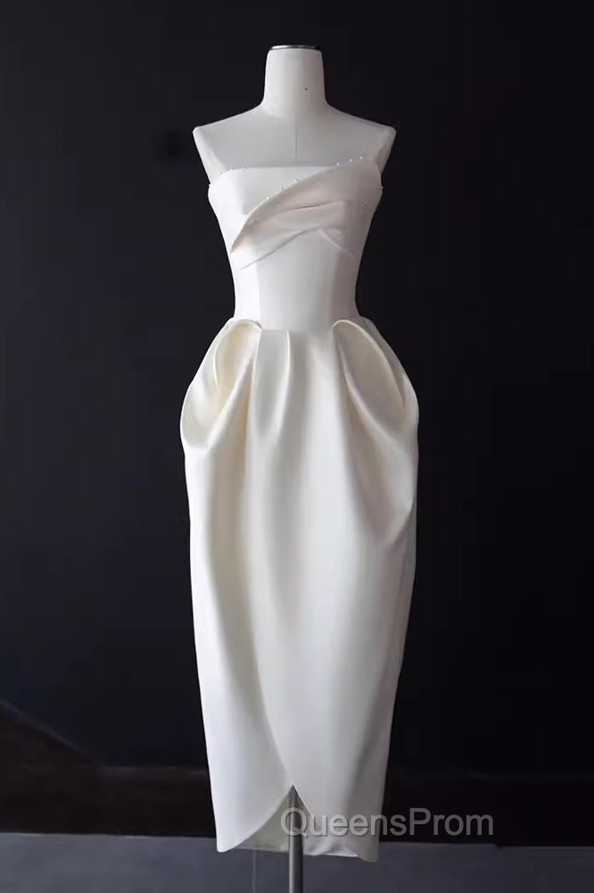 Sexy A Line Strapless Satin White Tea Length Wedding Dress Brides Dress