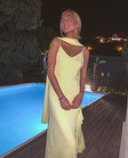 Sexy A Line Straps Chiffon Yellow Long Classy Prom Dress