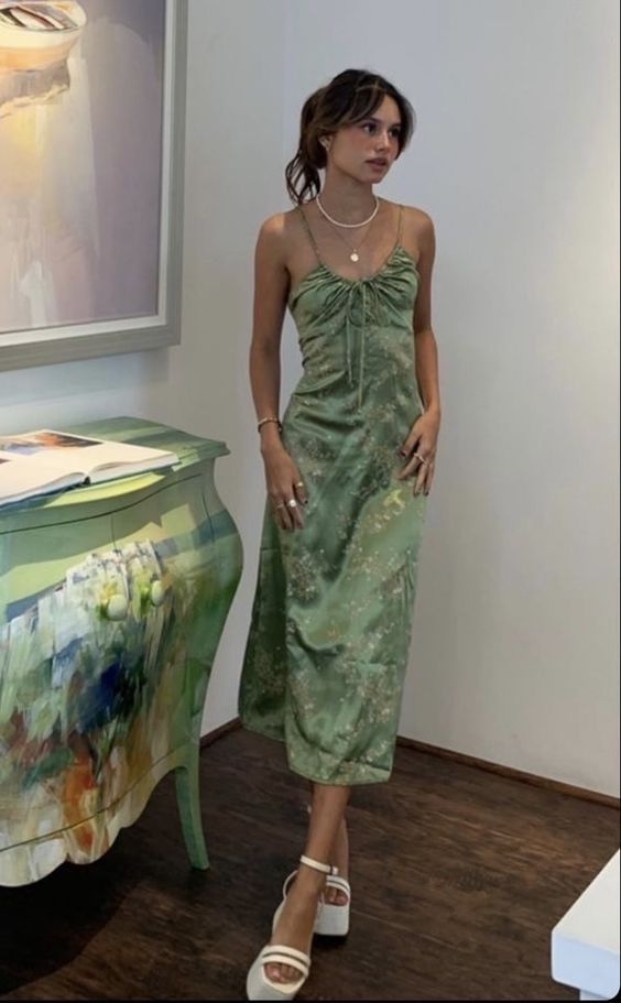Sexy A Line Straps Green Floral Classy Prom Dress Classy Evening Dress