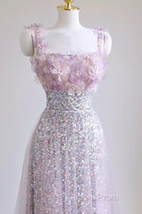 Sexy A Line Straps Lilac Sequin Evening Prom Dress