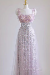 Sexy A Line Straps Lilac Sequin Evening Prom Dress