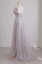 Sexy A Line Straps Lilac Sequin Evening Prom Dress