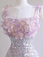 Sexy A Line Straps Lilac Sequin Evening Prom Dress