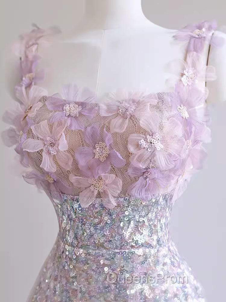 Sexy A Line Straps Lilac Sequin Evening Prom Dress