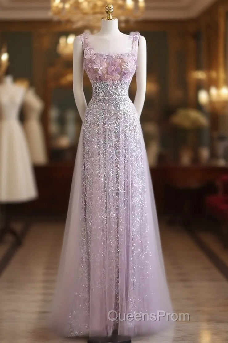 Sexy A Line Straps Lilac Sequin Evening Prom Dress Main image