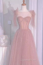 Sexy A Line Straps Neckline Long Pink Evening Prom Dress