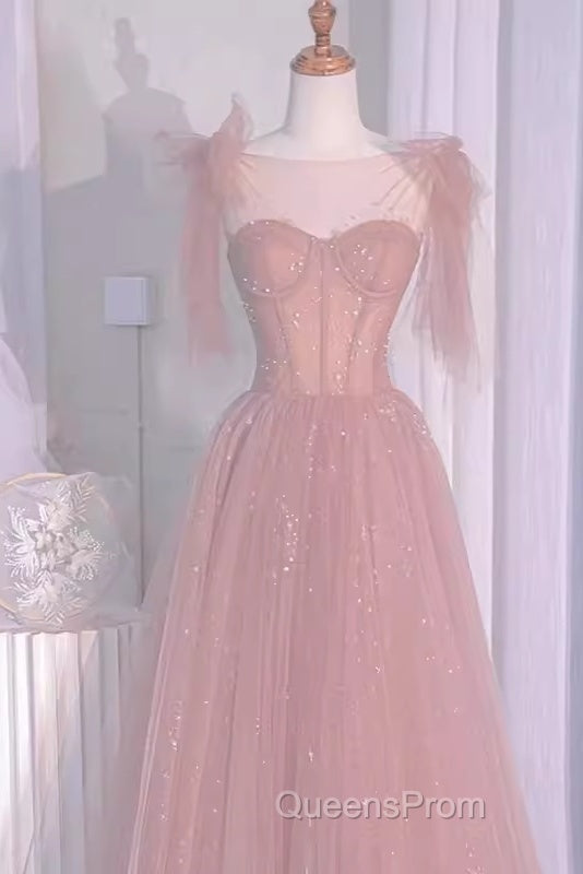 Sexy A Line Straps Neckline Long Pink Evening Prom Dress