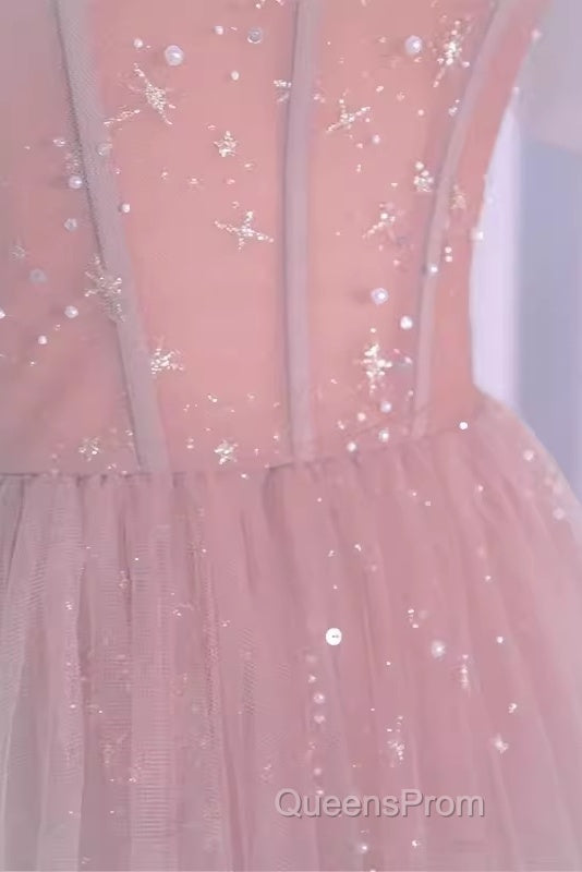 Sexy A Line Straps Neckline Long Pink Evening Prom Dress